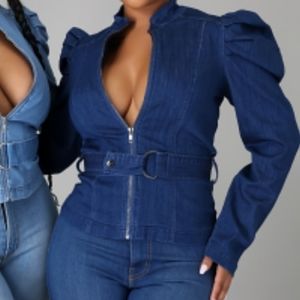 Denim Princess Sleeve Stretch Spandex Shirt Jacket
